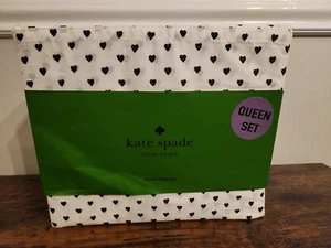 KATE SPADE Valentines Small Black Heart Print QUEEN White Cotton Sheet Set NWT - Picture 1 of 3