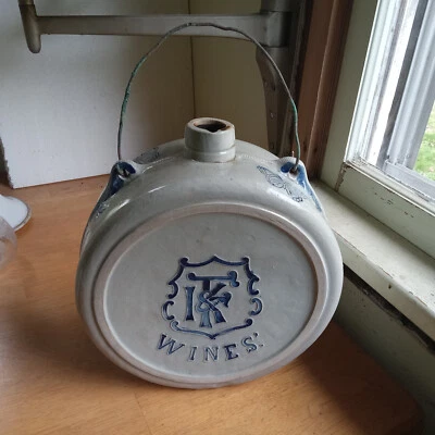 1890s WHITE'S UTICA STONEWARE I F & K WINES CANTEEN JUG 4 COBALTBUTTERFLIES - Image 1 of 4