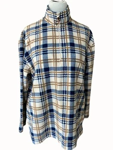 Oleg Cassini Blue Tan Plaid Fleece Pullover Top Quarter Zip Womens Small - Picture 1 of 8