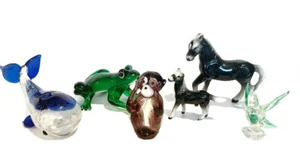 Art Glass Miniature Animal Figurines Monkey Horses Frog Bird Whale Blue Green - Foto 1 di 12