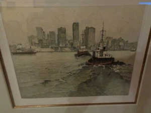 Vintage Signed Josef Eidenberger Etching Tugboats Seattle Framed - Picture 1 of 7