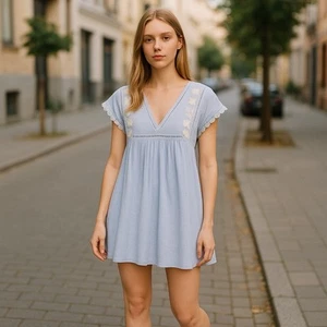 ZARA Boho Cotton Striped Baby Doll Embroidered Romper Dress Summer Vacation M - Picture 1 of 9