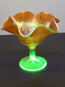 Fenton Peacock & Urn Vaseline Marigold Carnival Glass 5-1/2" High Compote - Picture 1 of 11