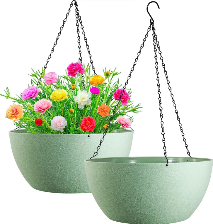 Paquete de 2 macetas colgantes grandes de 13 pulgadas con orificio de drenaje y cadena colgante verde Foto 1 de 4