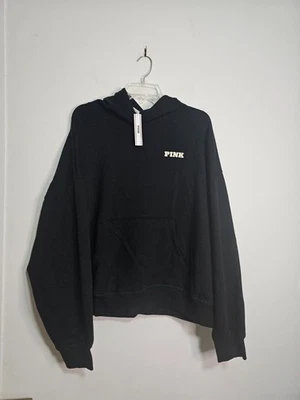 NWT  $60 Victoria Secret PINK Ivy Fleece Campus Hoodie Pure Black SZ XL Logo - Image 1 of 4
