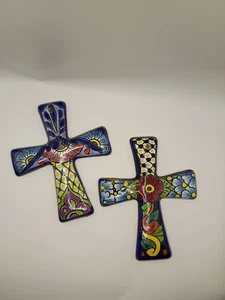Vintage Hand Painted Multicolored Wall Hanging Cross Mexico Lot Of 2 - Picture 1 of 12