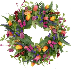 22 Inch Spring Summer Wreath Tulip Wreath for Front Door with Purple Tassels, Eu - Picture 1 of 12