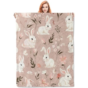 Bunny Rabbit Fleece Blanket Gifts for Kids and Adults Cute Animal Floral Cozy... - Picture 1 of 6