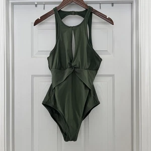 Costume da bagno HELEN JON COLLO ALTO PEZZO UNICO verde medio buco della serratura USA - Foto 1 di 10