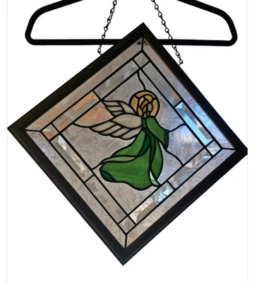Stained Glass Angel Suncatcher  19 Inch Diamond Window Payne/panel W/ Wood Frame - Image 1 of 3