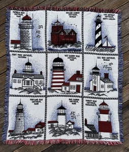 Leuchttürme Gobelin Überwurf Decke 53x45 Fransen rot weiß blau maritim Küste - Bild 1 von 6