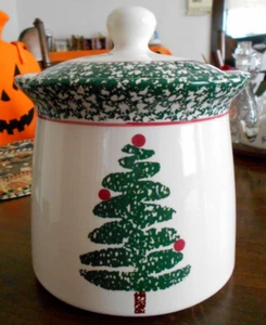 Christmas Tree Star Canister Cookie Jar 7" H Ceramic Bizzirri Furio Green Sponge - Picture 1 of 10