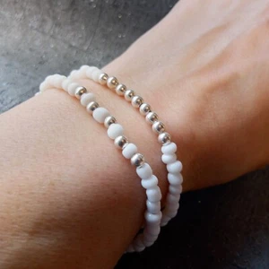 SET of 2 Summer bracelets Silver/white Boho Dainty 4mm beaded Stretch Stacking - Picture 1 of 7