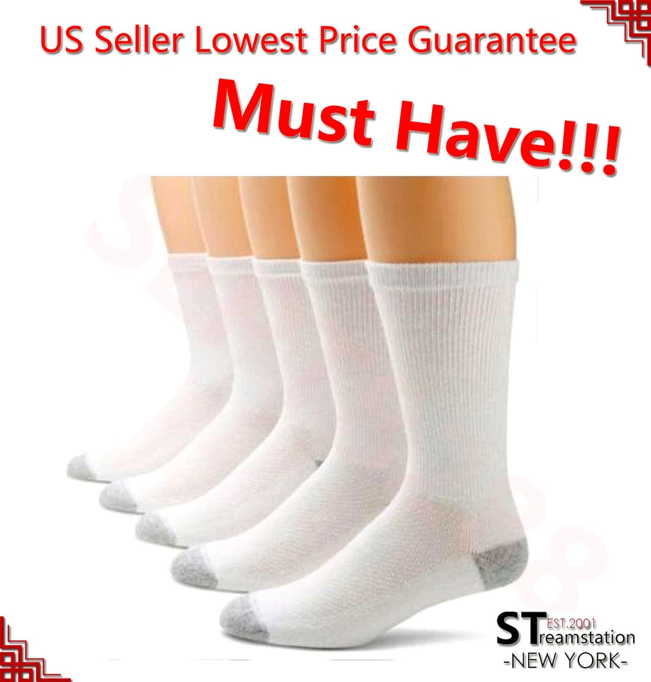 3,6,12 Pairs CREW Mens Solid Sports Socks Cotton 9-11 10-13 White LOT USA LONG - Image 1 of 1