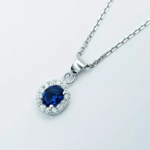 1.50Ct Oval Lab-Created Blue Sapphire Women Halo Pendant 14K White Gold Plated - Picture 1 of 5