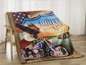 New Route 66 Sherpa Plush Throw Gift Blanket Eagle Motorcycle US Flag Shield NIP - Picture 1 of 4