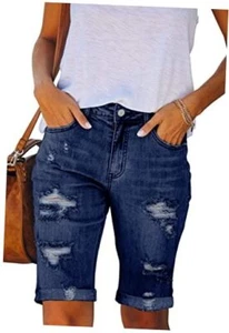Women Jean Shorts Ripped Casual Summer Mid Waist Stretchy Large A-dark Blue - Picture 1 of 5