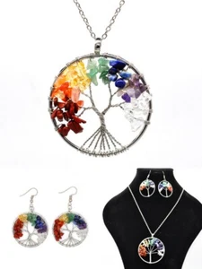 Collar y pendientes de cuentas de piedra natural en tono plateado del árbol de la vida conjunto de regalo Reino Unido - Imagen 1 de 4