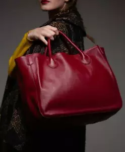 Deep Red Large Leather Tote Bag, Cowhide Leather Bag, Lady Fashion Bag, Leather - Picture 1 of 6