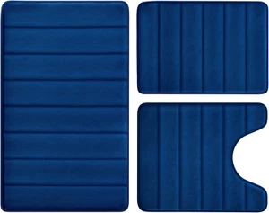 BYSURE Navy Blue Memory Foam Bathroom Rug Set 3 Piece, Non Slip Extra Soft Absor - Picture 1 of 12