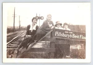 Vintage c1920s Photo - Woman Posing On Train Tracks Pillsbury Best Flour Sign - Picture 1 of 5