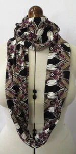 Loop Scarf, Cotton Blend Jersey, "Tulip" Design, Black, Brown, Purple, 17cm Wide - Picture 1 of 14