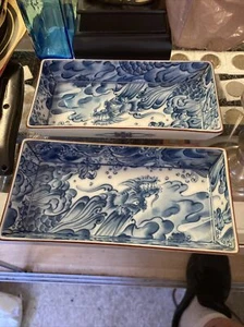 2- Fitz Floyd FF Blue Asain Tray Vtg 70s Japan For Husband Wife Glasses - Picture 1 of 3