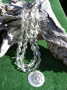 Clear Crystal Beaded 2 Strand LUC Necklace With Sterling And MOP Pendant, Signed - Picture 1 of 4