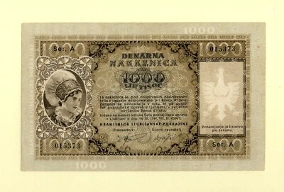SLOVENIA LAIBACH YUGOSLAVIA 1000 LIRE 1944 P-R9 VF++ SERIAL: A VERY RARE - Image 1 of 2