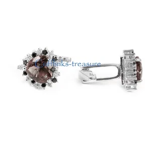Natural Smoky Quartz & Cz Gemstones with 925 Sterling Silver Men's Cufflinks #32 - Picture 1 of 4