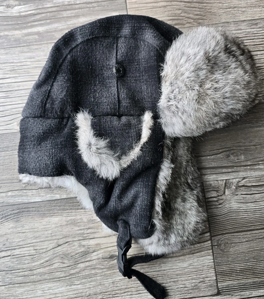 Woolrich Trapper 飞行员帽带男式大号深灰色格子兔子毛皮 — 第 1/4 张图片