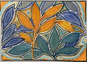 Pamela Wilhelm original 5x7 Ink Watercolor Whimsical Patchwork-look Leaf Motifs - Picture 1 of 2