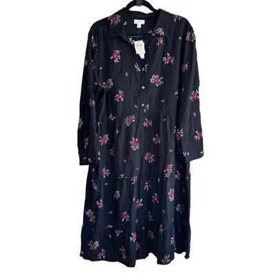 New J. Jill Tiered Floral Shirt Dress Black Button Front Long Sleeve Sz XLP - Image 1 of 4