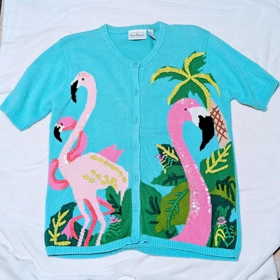 Patchingtom FLAMINGO CARDIGAN tropical novelty sequined knit sweater Size XS - Image 1 of 4
