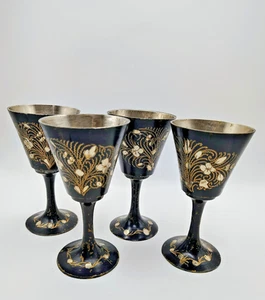 Vintage 4er Set geätztes schwarz und gold Metall nahöstlich Schnapsglas Kelch - Bild 1 von 15