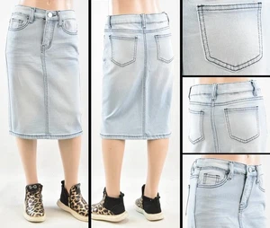 Falda vaquera elástica para niñas pequeñas hasta la pantorrilla ligera 5 bolsillos #RK-77239 talla 12/14 - Imagen 1 de 1