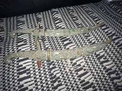 Vintage (2) Jeweled Inlaid Turkish Indo-Persian Kinjal Khanjar Knife Dagger - Image 1 of 4