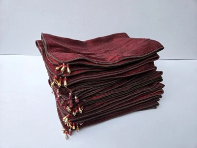 Set of 16 Elegant Maroon Holiday Table cloth Silk Napkins Beaded Corners - Image 1 of 4