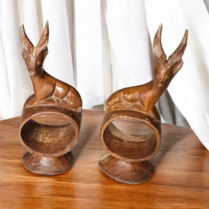 Set of 2 Vintage Hand Carved Wooden Antelope Napkin Rings 5 In - Picture 1 of 9