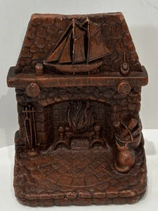 Vintage Earthenware Fireplace Scene Book End by Syroco Mantel Ship Wood Pipe Cat - Picture 1 of 13