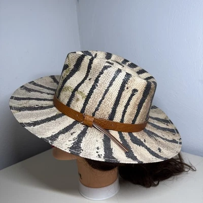 Women Men straw hat With Brown Band Wide Brim  Cowboy Animal Print Lightweight - Image 1 of 4