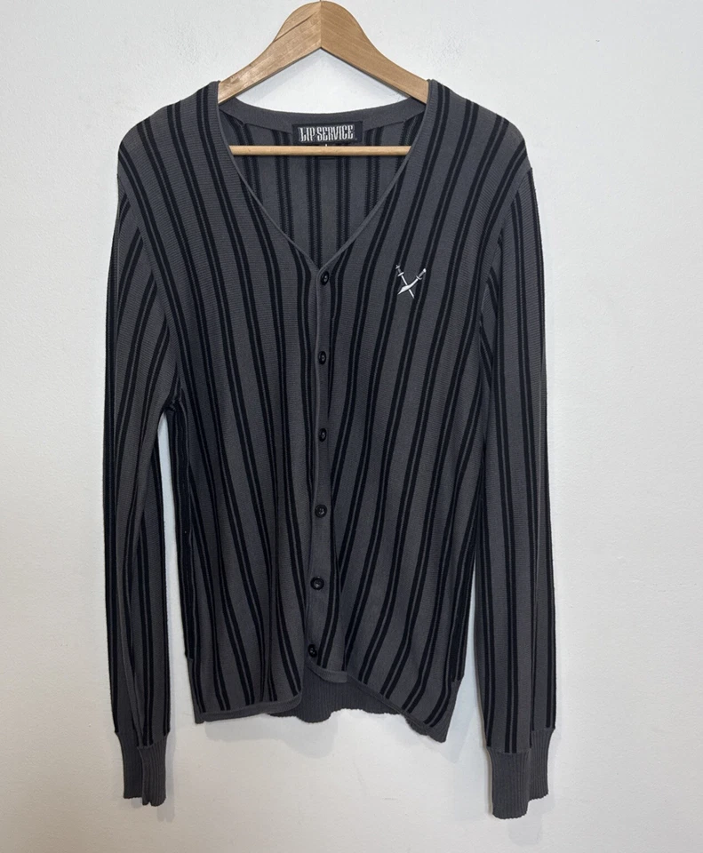 Cárdigan Suéter Vintage Lip Service Negro Gris Rayas Bordadas Espadas Grande Foto 1 de 4