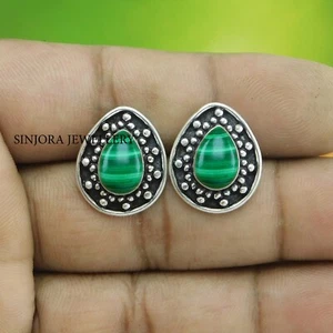 Malachite Gemstone 925 Sterling Silver Handmade jewelry Stud Earrings - Picture 1 of 4