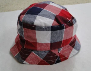 EUC Janie & Jack Boys Red and Blue Plaid Bucket Hat with Strap 0 - 6 Months - Picture 1 of 4
