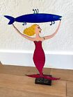 Claudine Buell Signed Woman With Fish Metal Sculpture