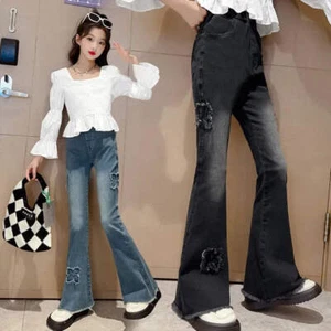 Girls Jean Flare Pants Kids Embroidery Trousers Teenagers Pant 2024 Spring Autum - Picture 1 of 18
