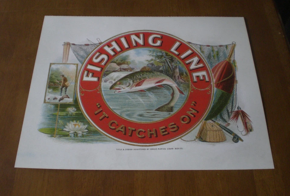 FISHING LINE "IT CATCHES ON" CIGAR BOX INNER LABEL ART 11x14 PRINT - Image 1 of 1