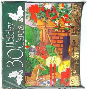 Christmas Holiday Cards Cozy Home Fireplace Mantel Stockings Gold Accent 30ct - Picture 1 of 2
