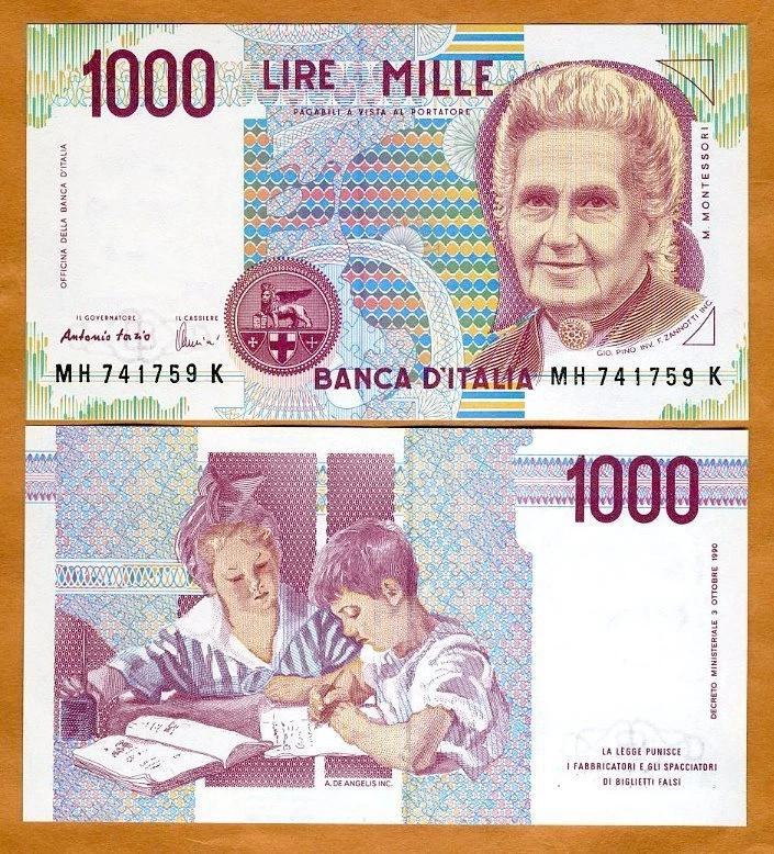 Italia, 1000, D. 1990, P-114 (114a), último pre-Euro, UNC Montessori Foto 1 de 1