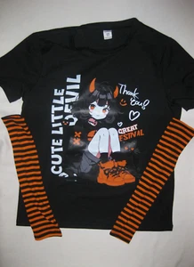 Shein girls 12yrs cute little devil anime graphic tee & striped arm sleeves nip - Picture 1 of 1